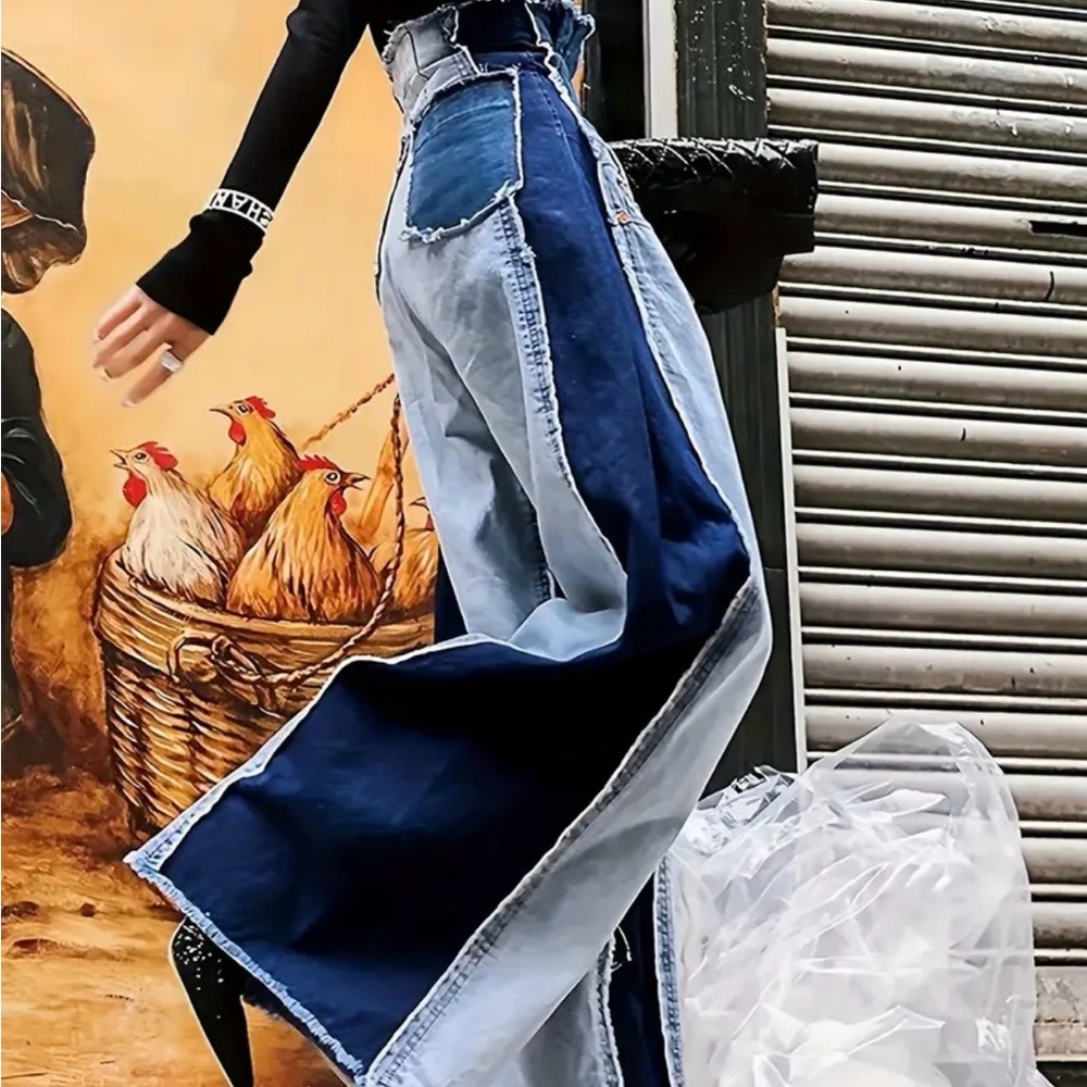 Trendy Two-Tone Blue Women's Wide-Leg Jeans
